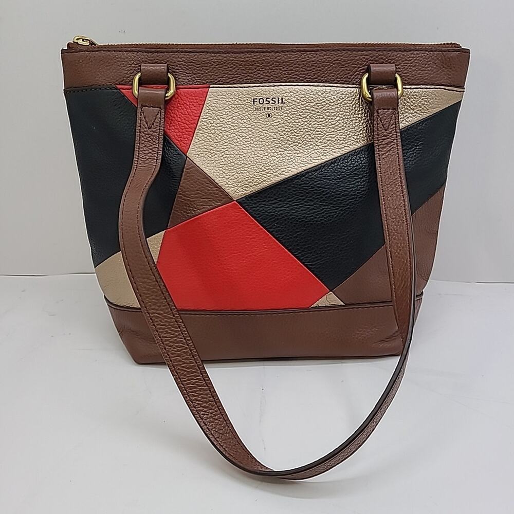 Fossil Women's Patchwork Handbag Purse Brown Black Red Gold Leather 9x8x4"